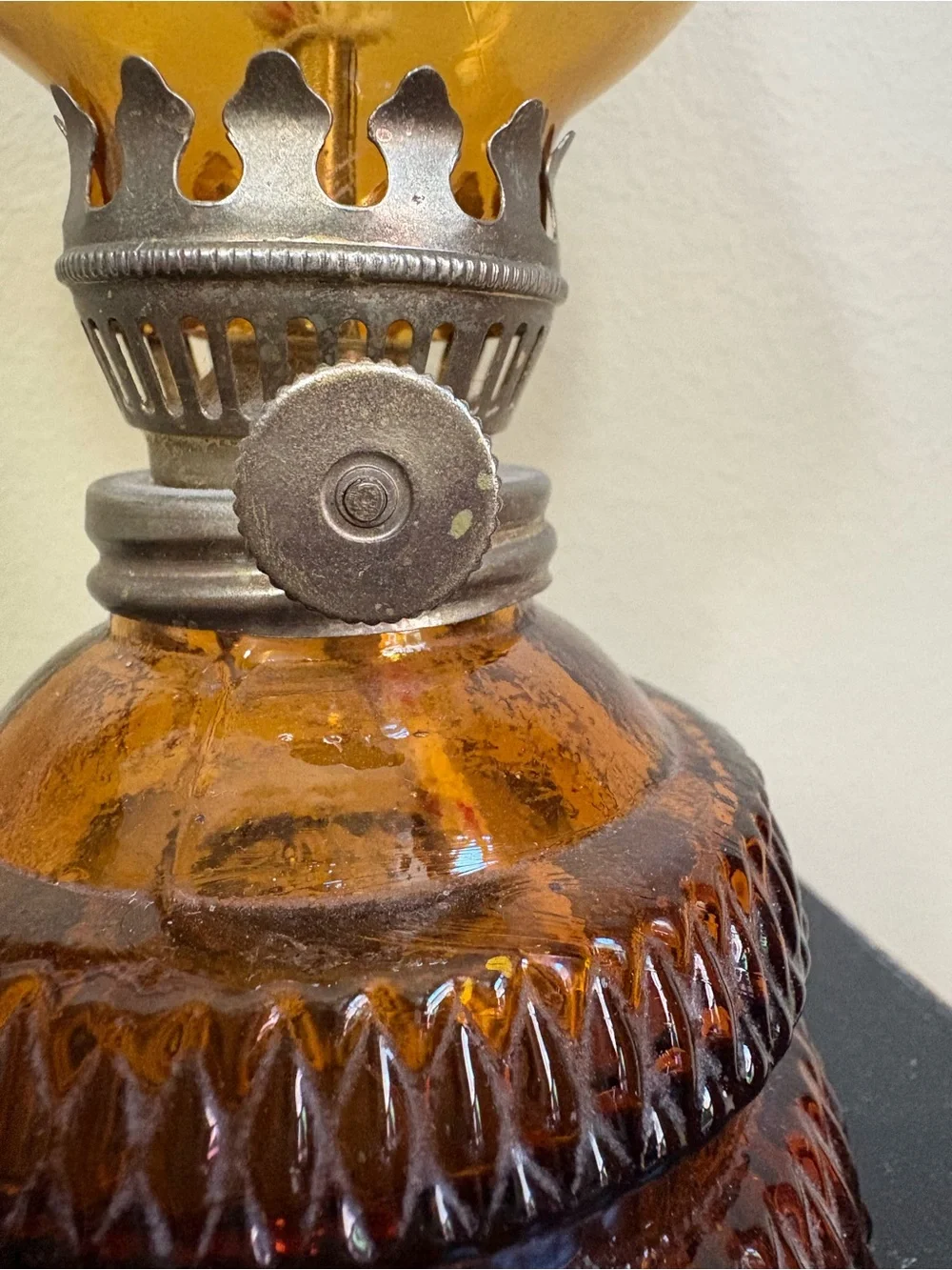 Vintage Amber Glass Oil Lamp 7”